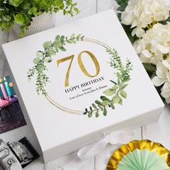 Personalised 70th Birthday Gift for her Keepsake Memory Box Gold Wreath Design
