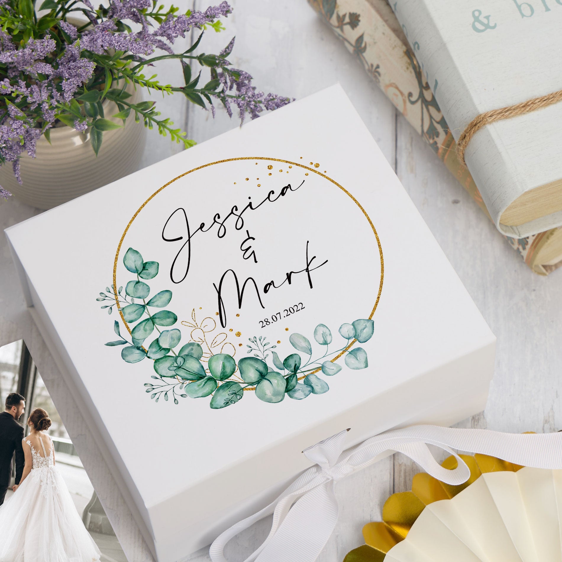 Personalised Wedding Keepsake Box Gift With Wreath and Eucalyptus