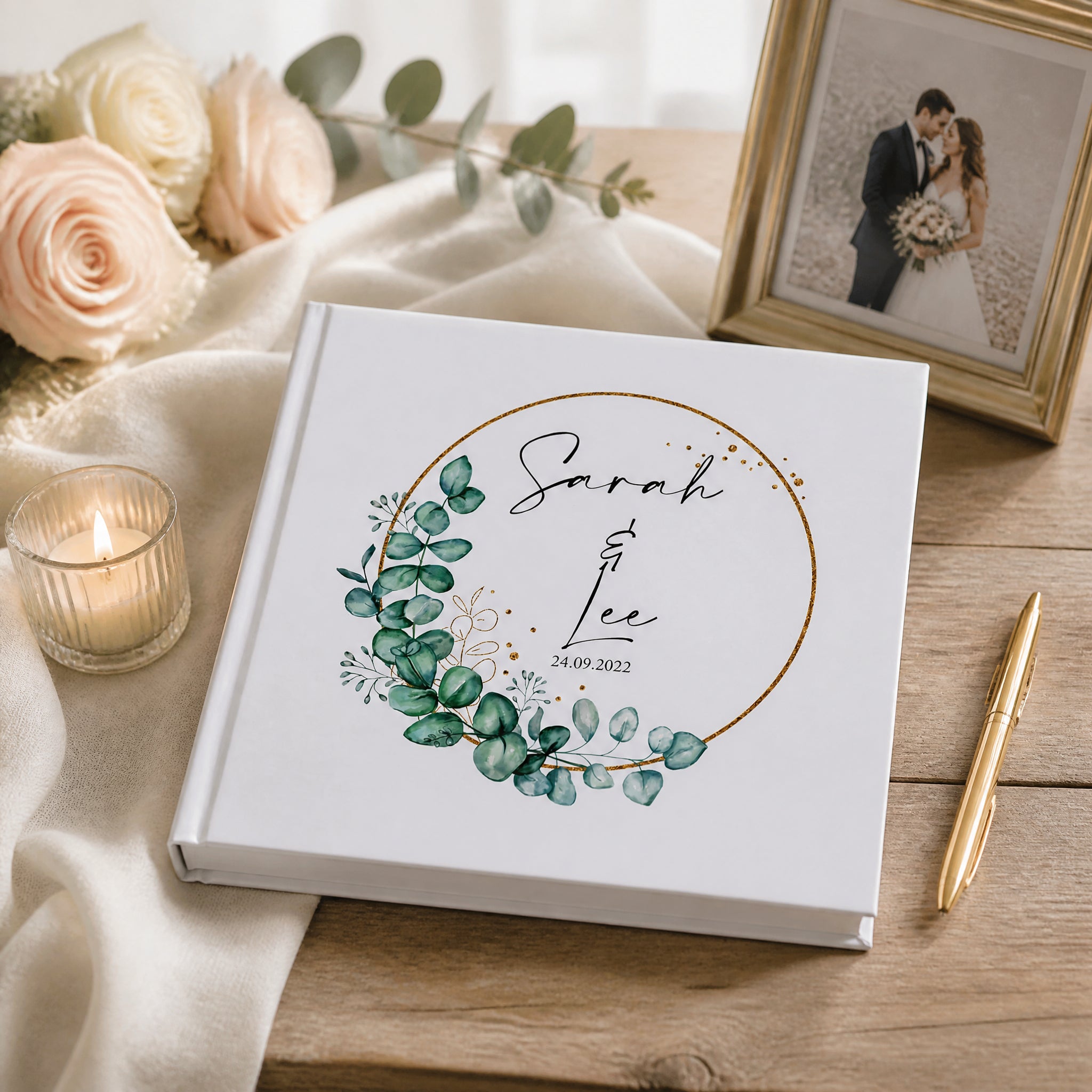 Personalised Wedding Photo album Gift With Eucalyptus Wreath personalised photo album ukgiftstoreonline