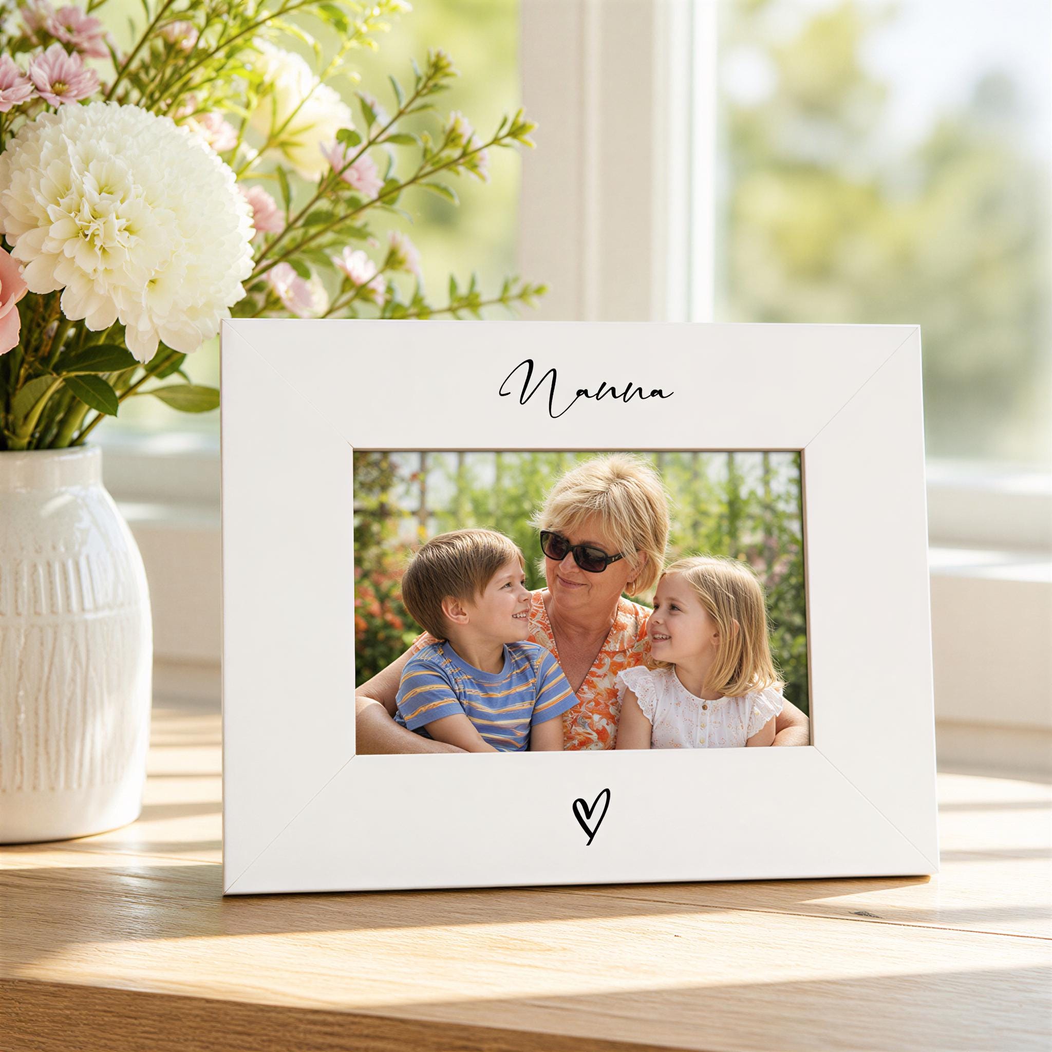 A white picture frame with a photo of a woman and two children inside, placed on a wooden surface next to a vase of flowers.