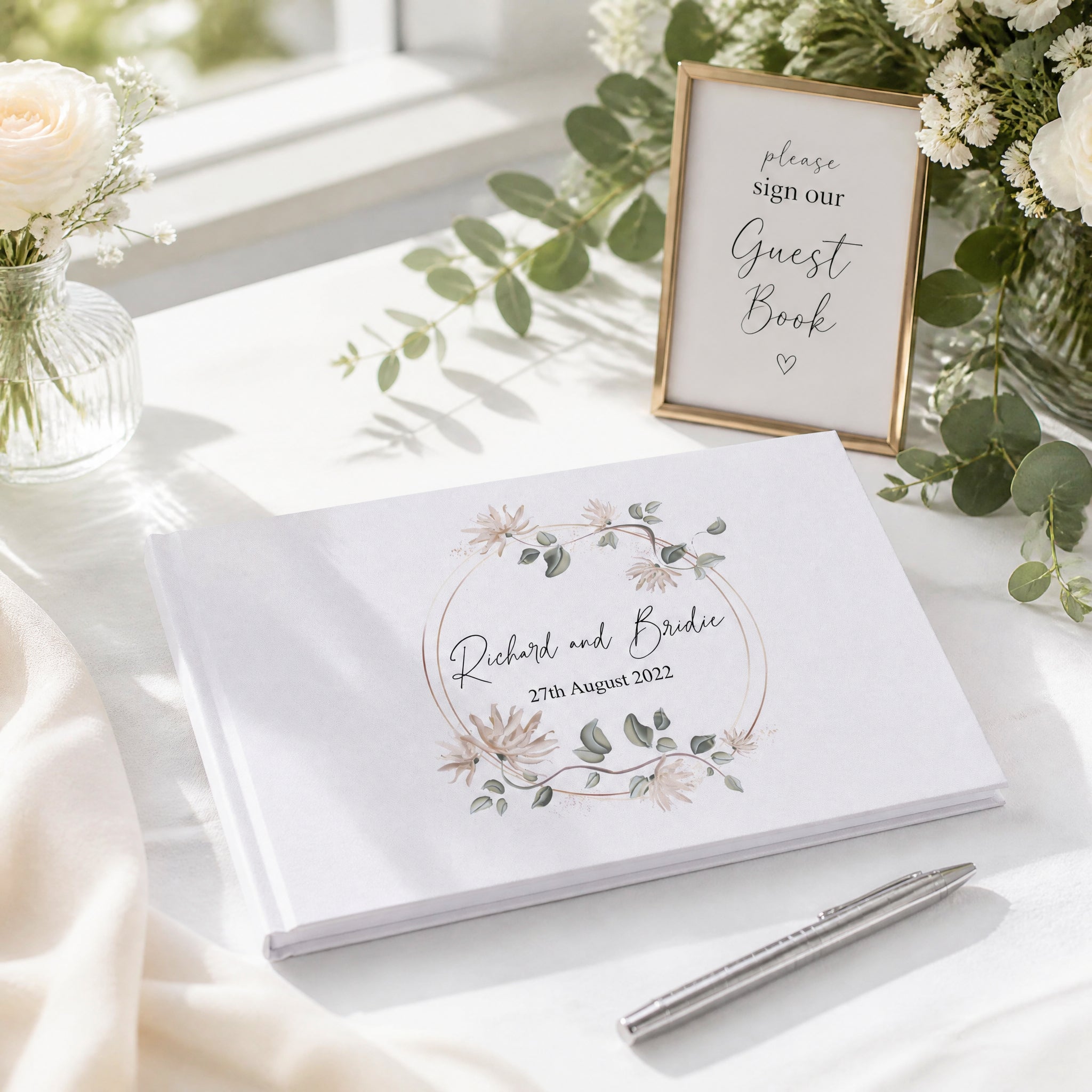 Personalised Wedding Guest Book, Large A4 Linen Cover, Floral Design Guest Book ukgiftstoreonline
