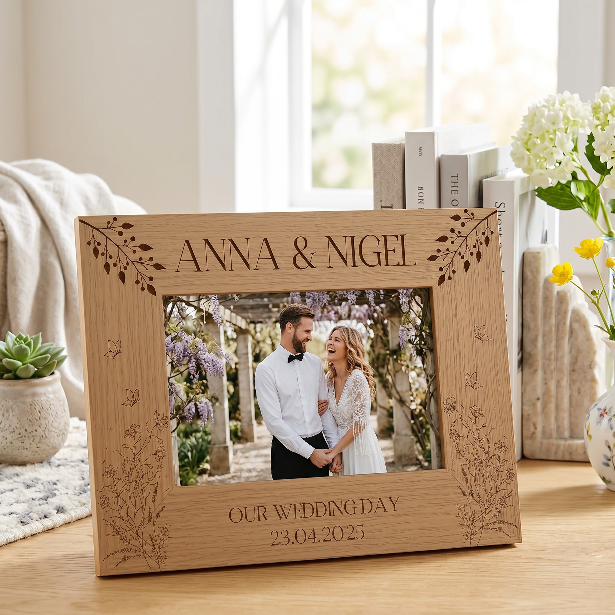 Personalised Wooden Engraved Photo Frames Wedding Any Message Multiple Sizes With Wildflowers Photo Frame ukgiftstoreonline 5 x 7 Inch Landscape