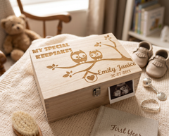 Large Wooden Personalised Owl Design Baby Memories Keepsake Box Keepsake Memory Box Raised Words
