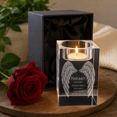 Personalised Crystal Glass Memorial Tea Light Candle Holder Guardian Angel Wings Personalised Crystal Glass ukgiftstoreonline