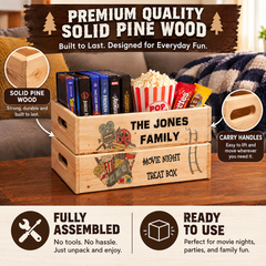 Personalised Family Movie Night Treat Wooden Crate Gift storage crate ukgiftstoreonline