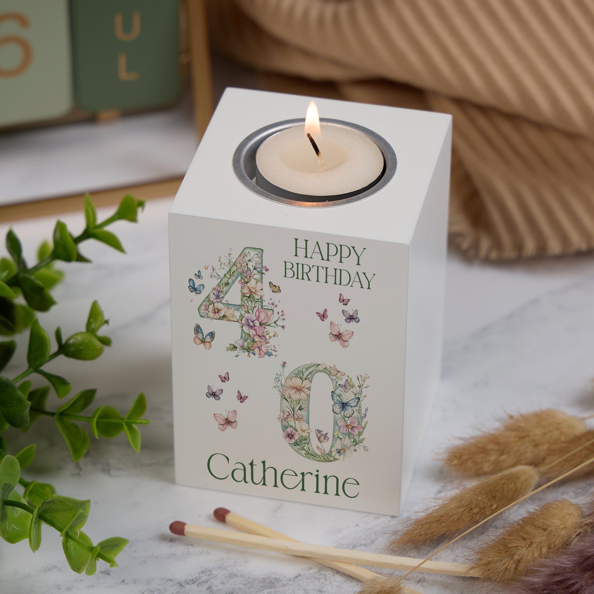 Personalised Landmark Birthday Butterfly and Flowers Tealight Holder 18th 21st 30th 40th 50th 60th 70th 80th 90th Personalised Heart Gifts ukgiftstoreonline 40