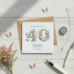 Personalised Luxury Linen 40th Birthday Card, Mum Daughter Auntie Niece Grandma Friend Floral Numbers Personalised Cards ukgiftstoreonline