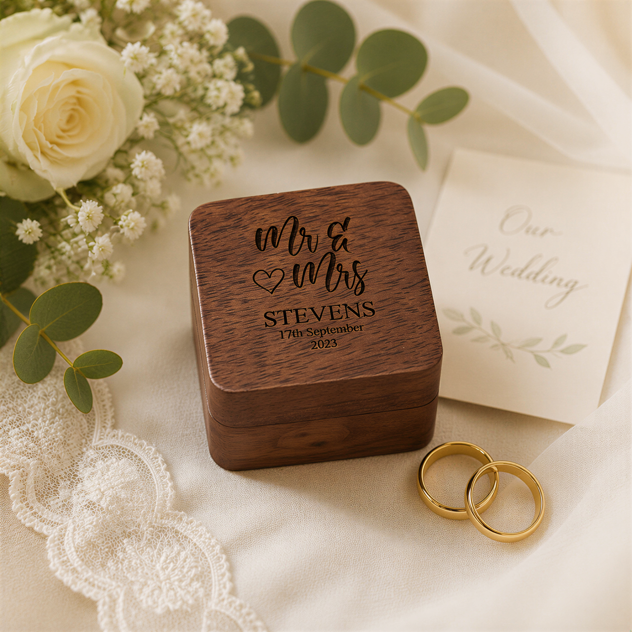 Personalised Wedding Ring Box, Mr & Mrs Walnut Holder For 2 Rings Personalised Wedding Gift ukgiftstoreonline