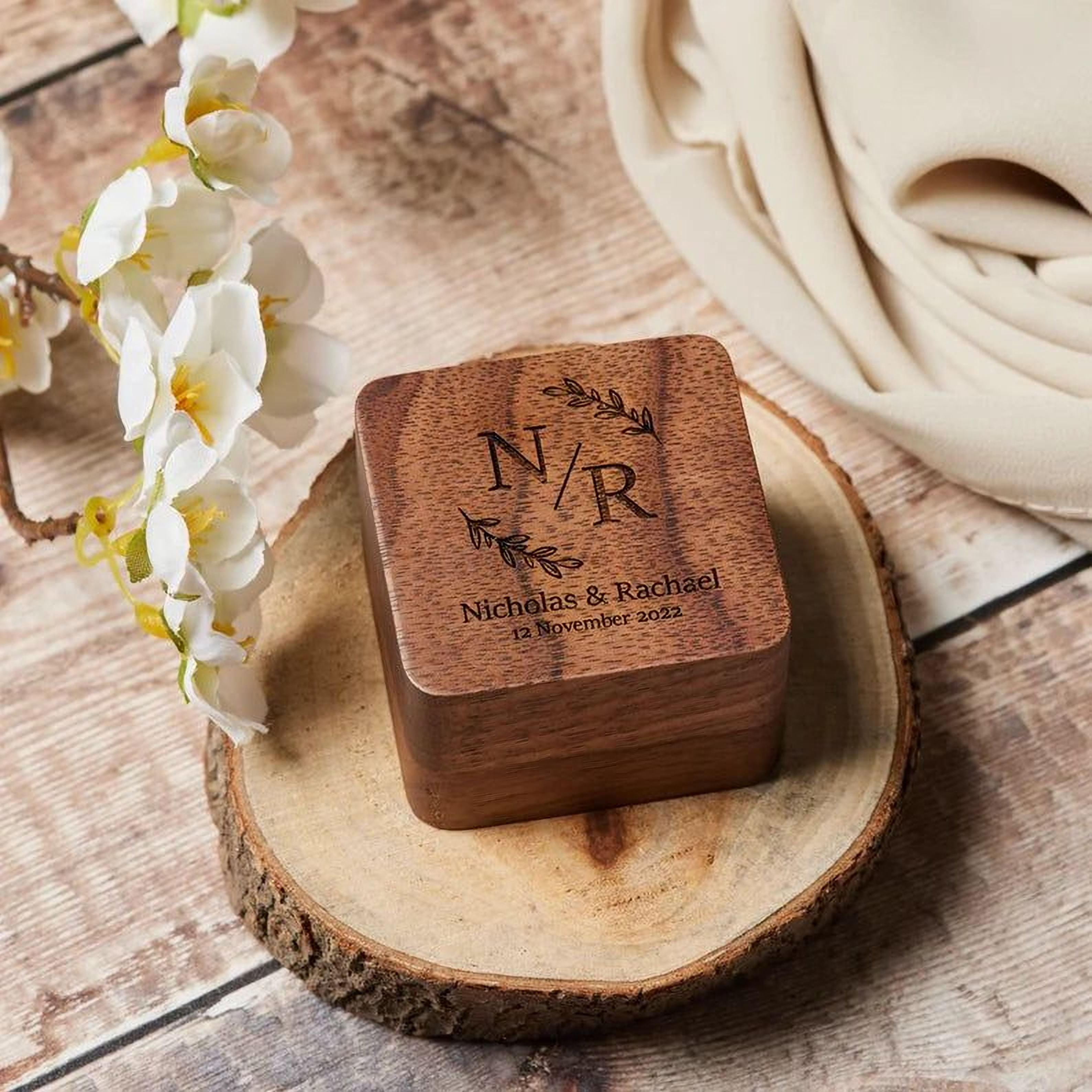 Personalised Wedding Ring Box Holder for 2 Rings With Initials and Leaf Ring Box Holder ukgiftstoreonline