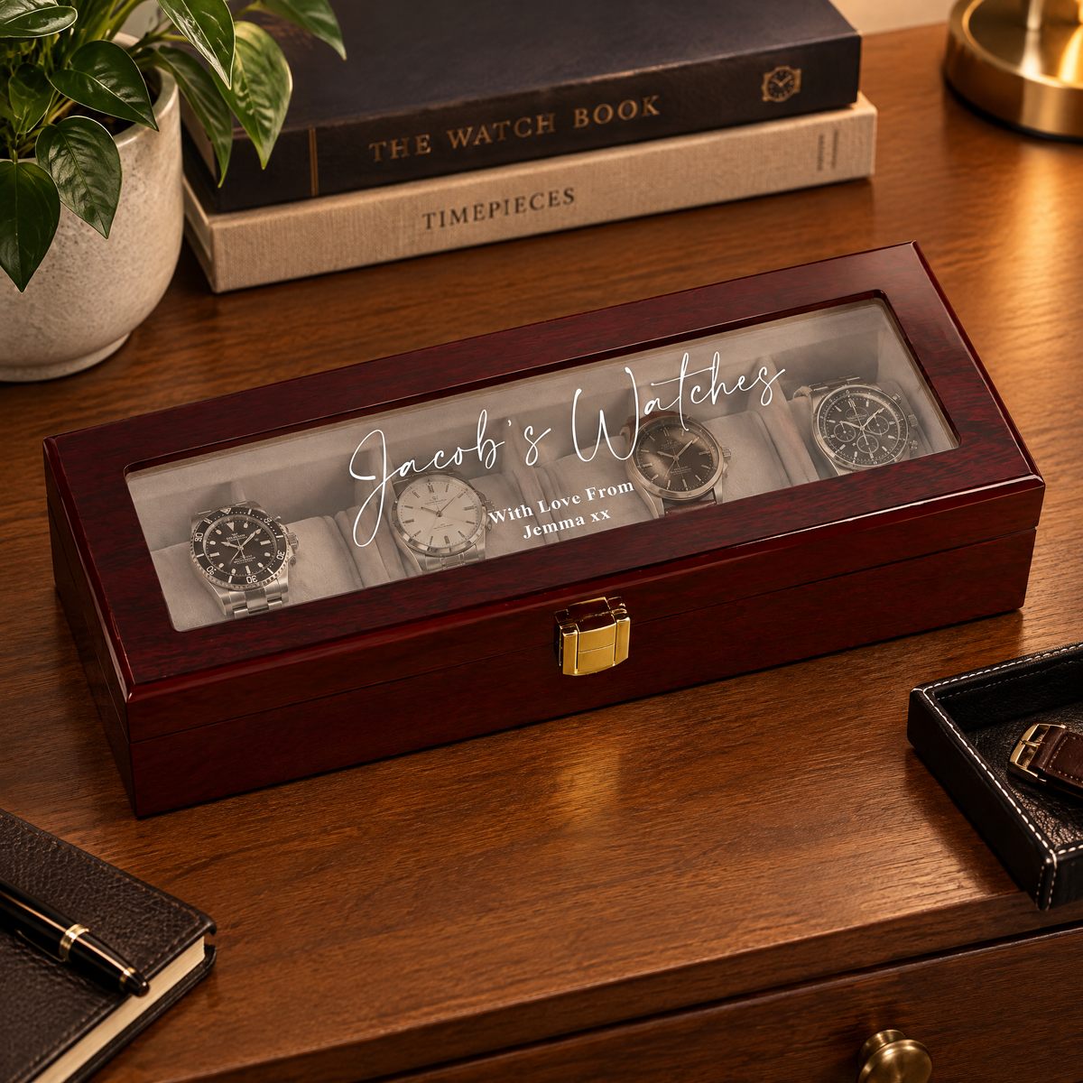 Wood Glass Watch Box, Personalised 6-Slot Red Watch Case Gift watch box ukgiftstoreonline