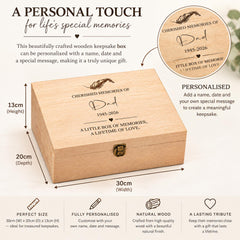 The image is a detailed description of a personalized wooden keepsake box, including dimensions, a personalised message, and a list of features.