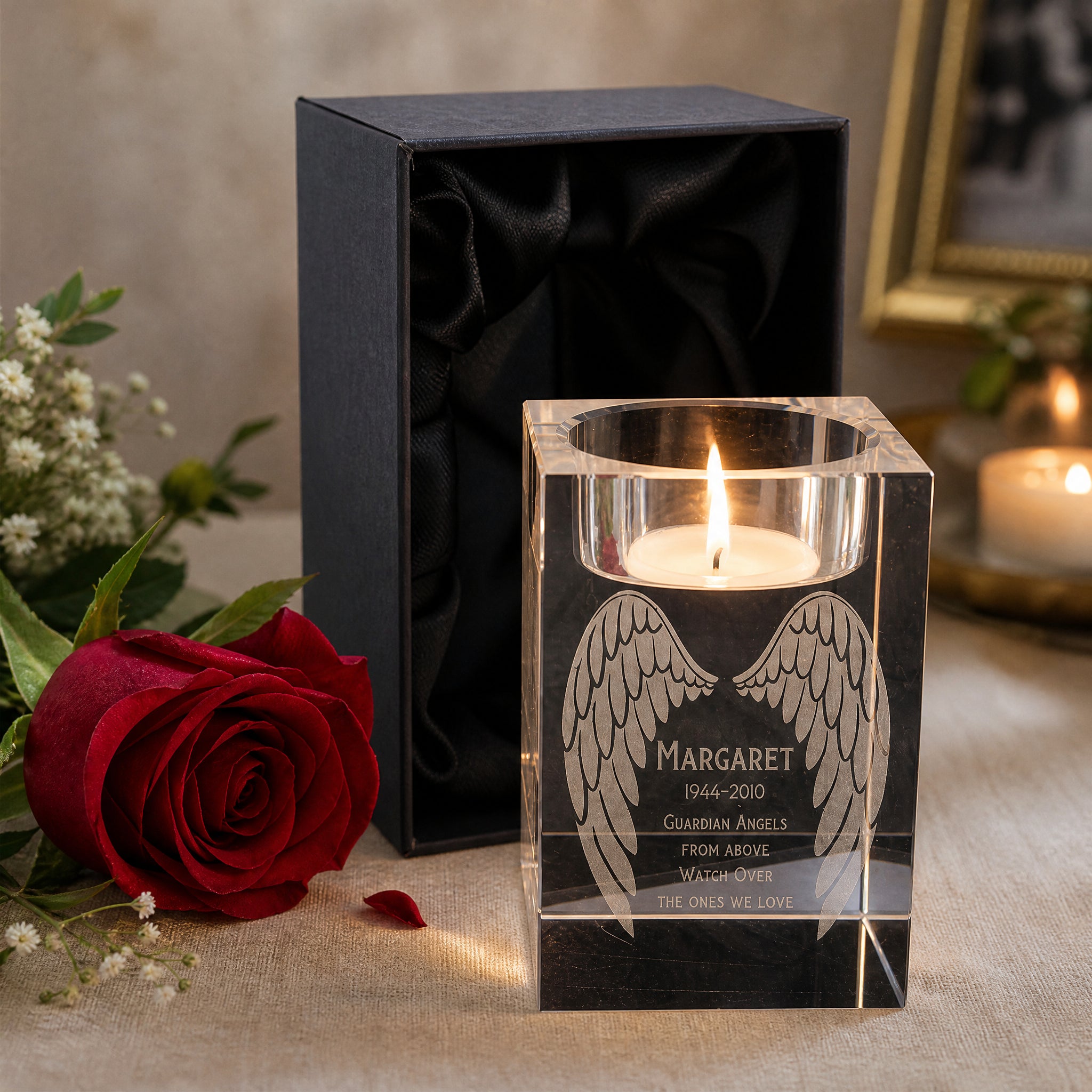 Personalised Crystal Glass Memorial Tea Light Candle Holder Guardian Angel Wings Personalised Crystal Glass ukgiftstoreonline
