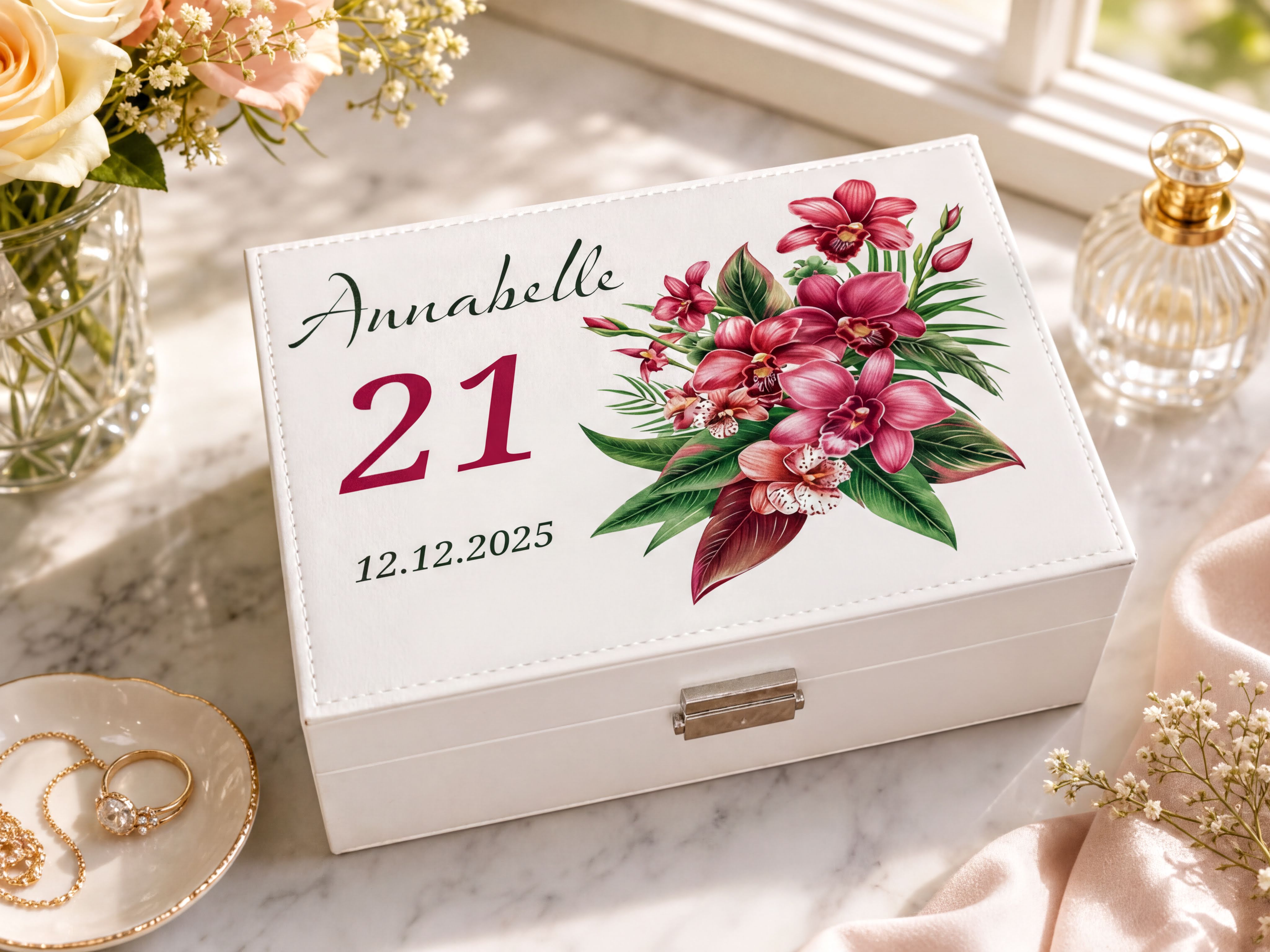 Personalised Beautiful 21st Birthday Jewellery Box Orchid Flower Design Special Birthday Gift Personalised Jewellery Box ukgiftstoreonline