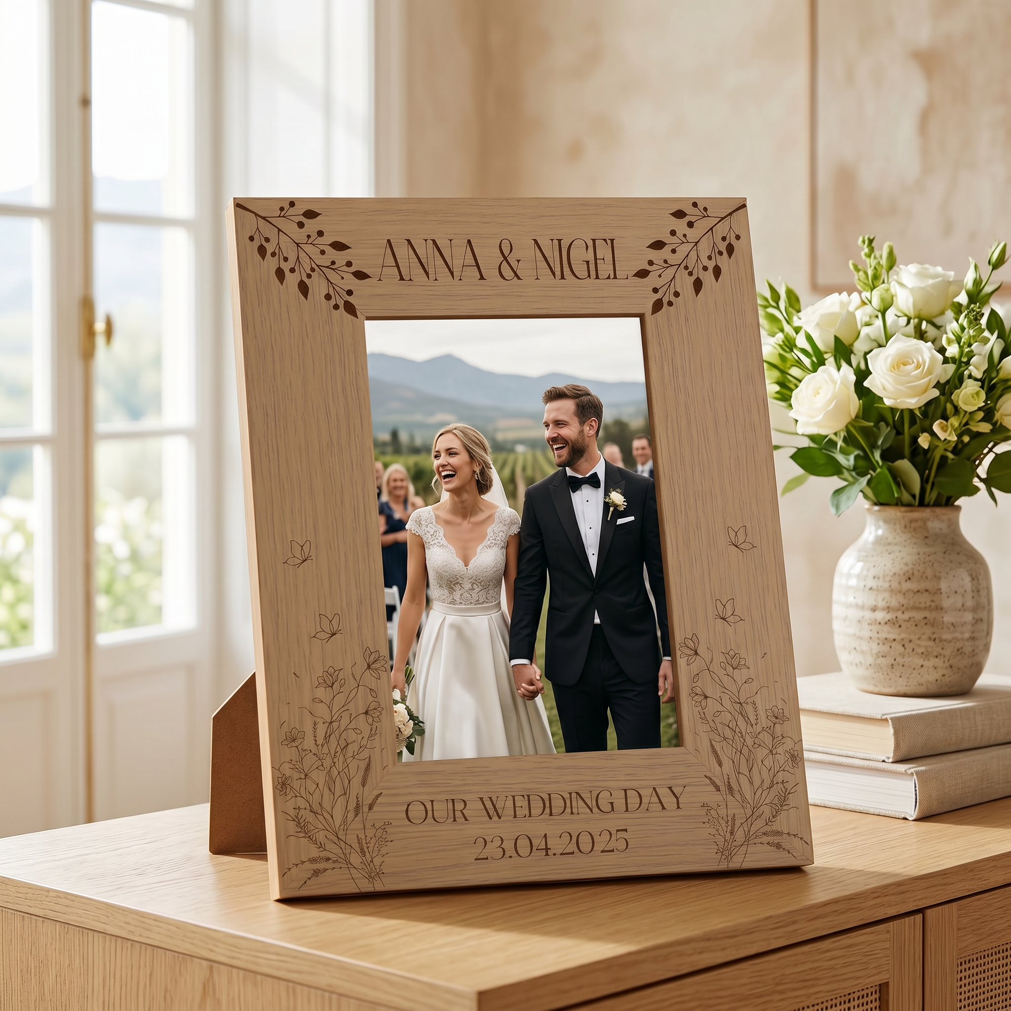 Personalised Wooden Engraved Photo Frames Wedding Any Message Multiple Sizes With Wildflowers Photo Frame ukgiftstoreonline