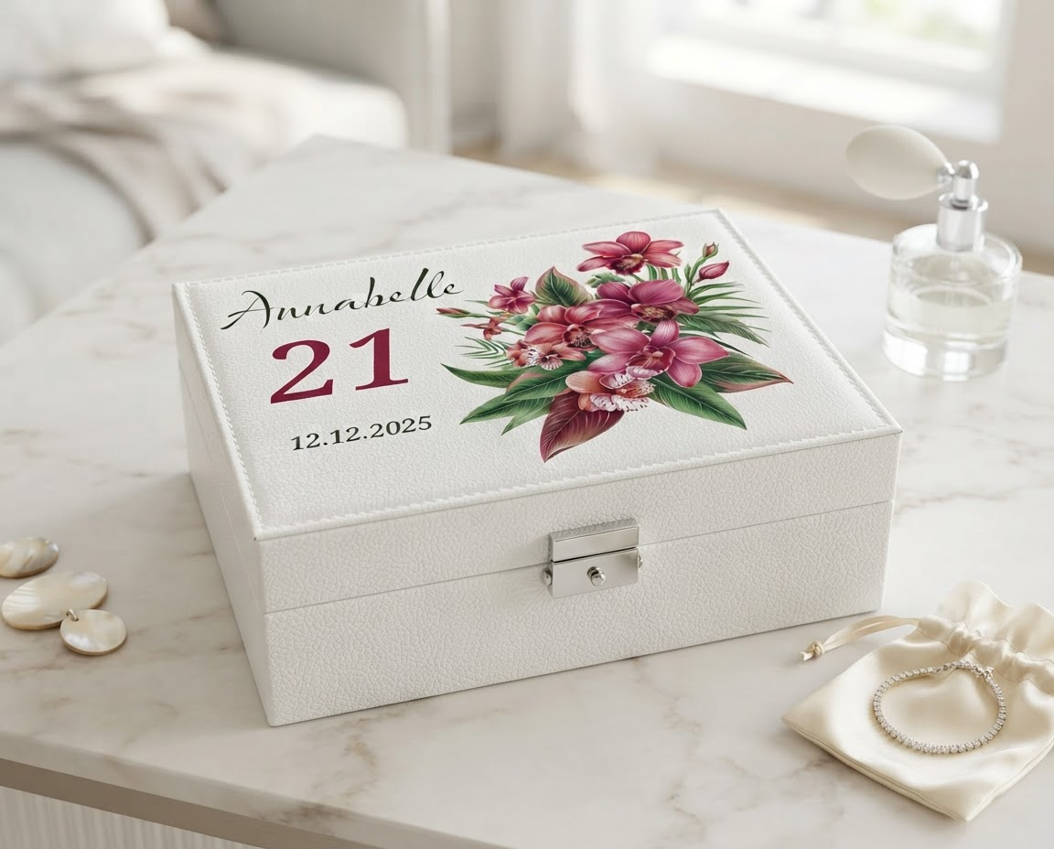 Personalised Beautiful 21st Birthday Jewellery Box Orchid Flower Design Special Birthday Gift Personalised Jewellery Box ukgiftstoreonline