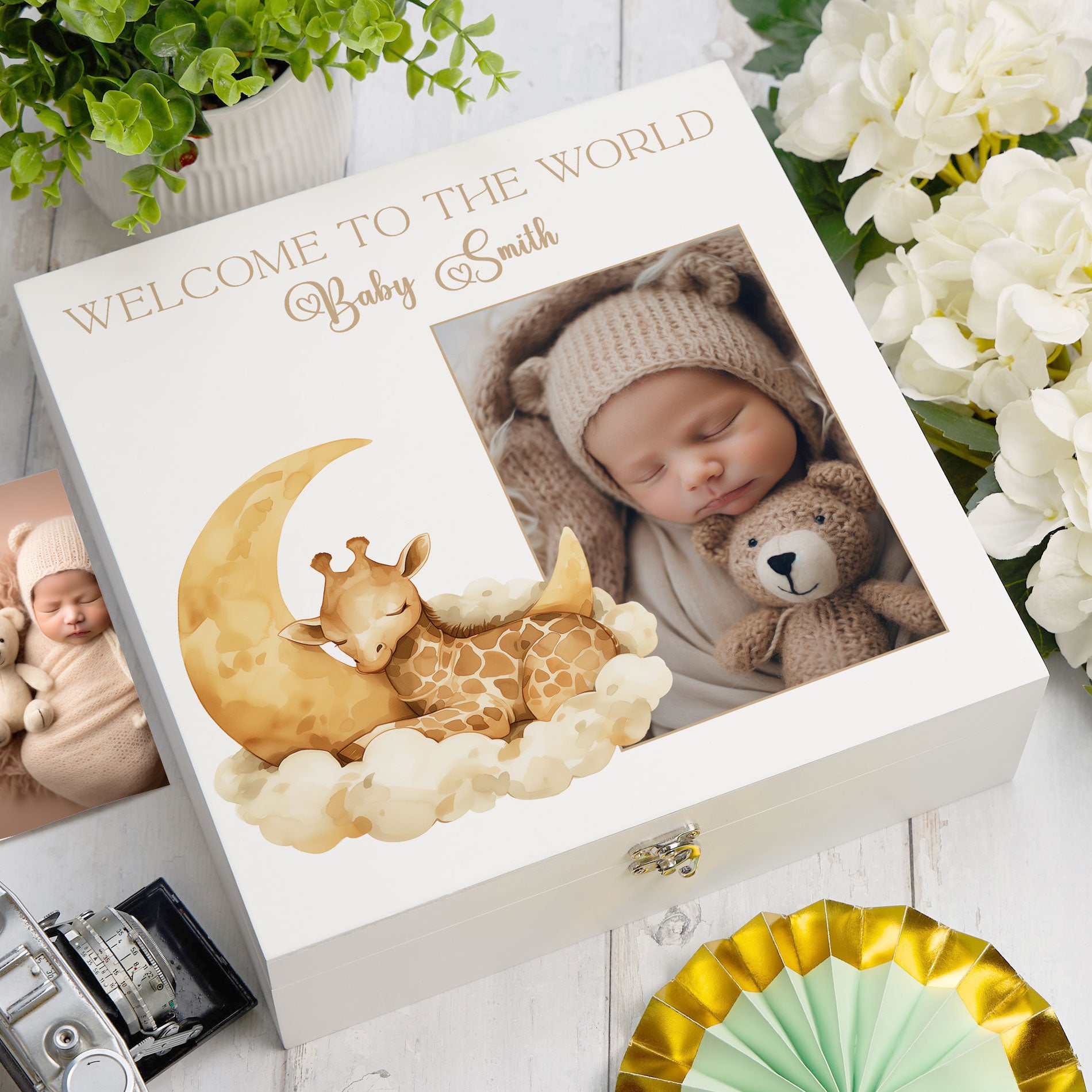 Personalised White Baby Memory Box, Cute Sleeping Animal Design, Keepsake For Special and Favourite Mementos