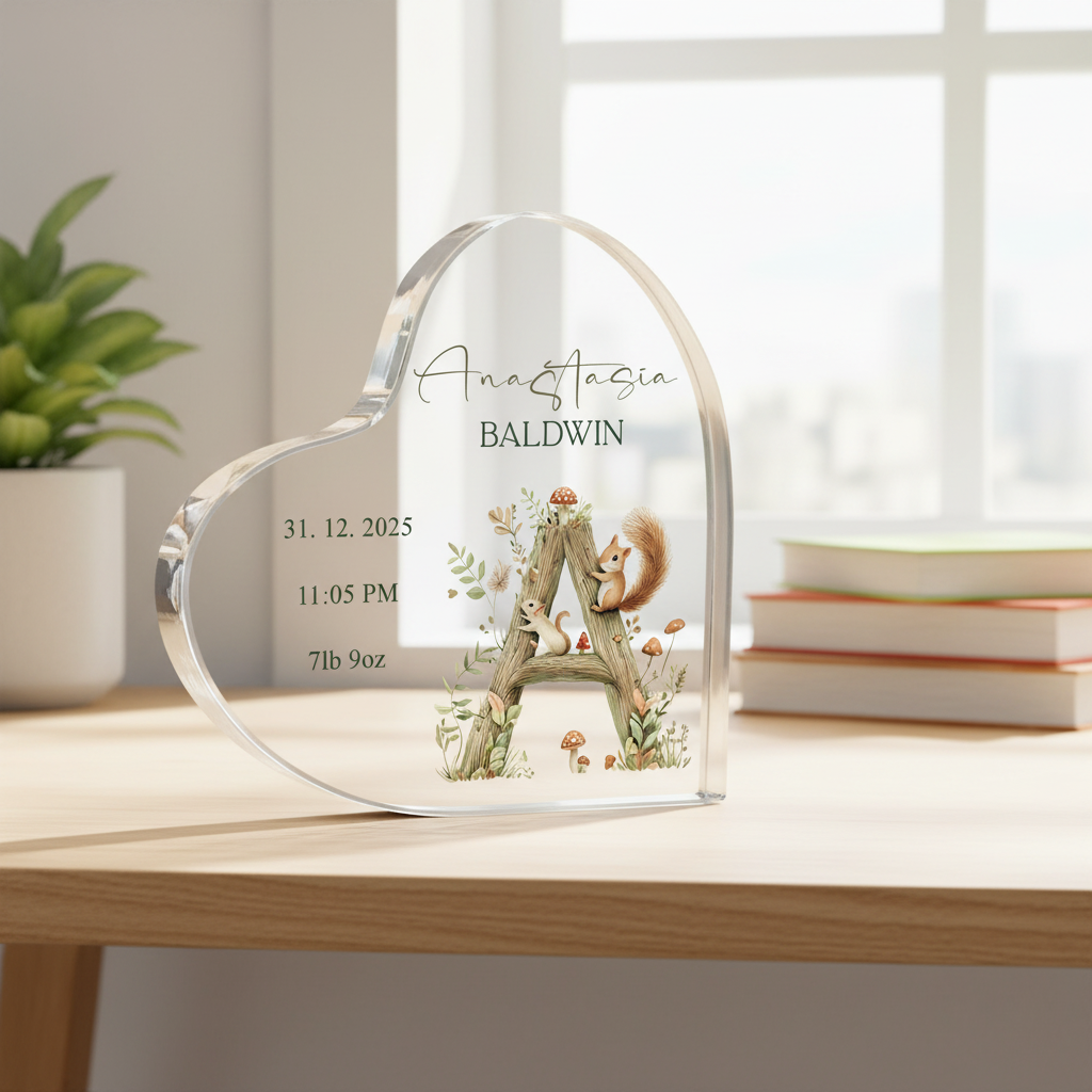 Personalised New Baby Gift Heart-Shaped Acrylic Plaque Custom Keepsake Woodland Alphabet Design Acrylic Glass Gift ukgiftstoreonline