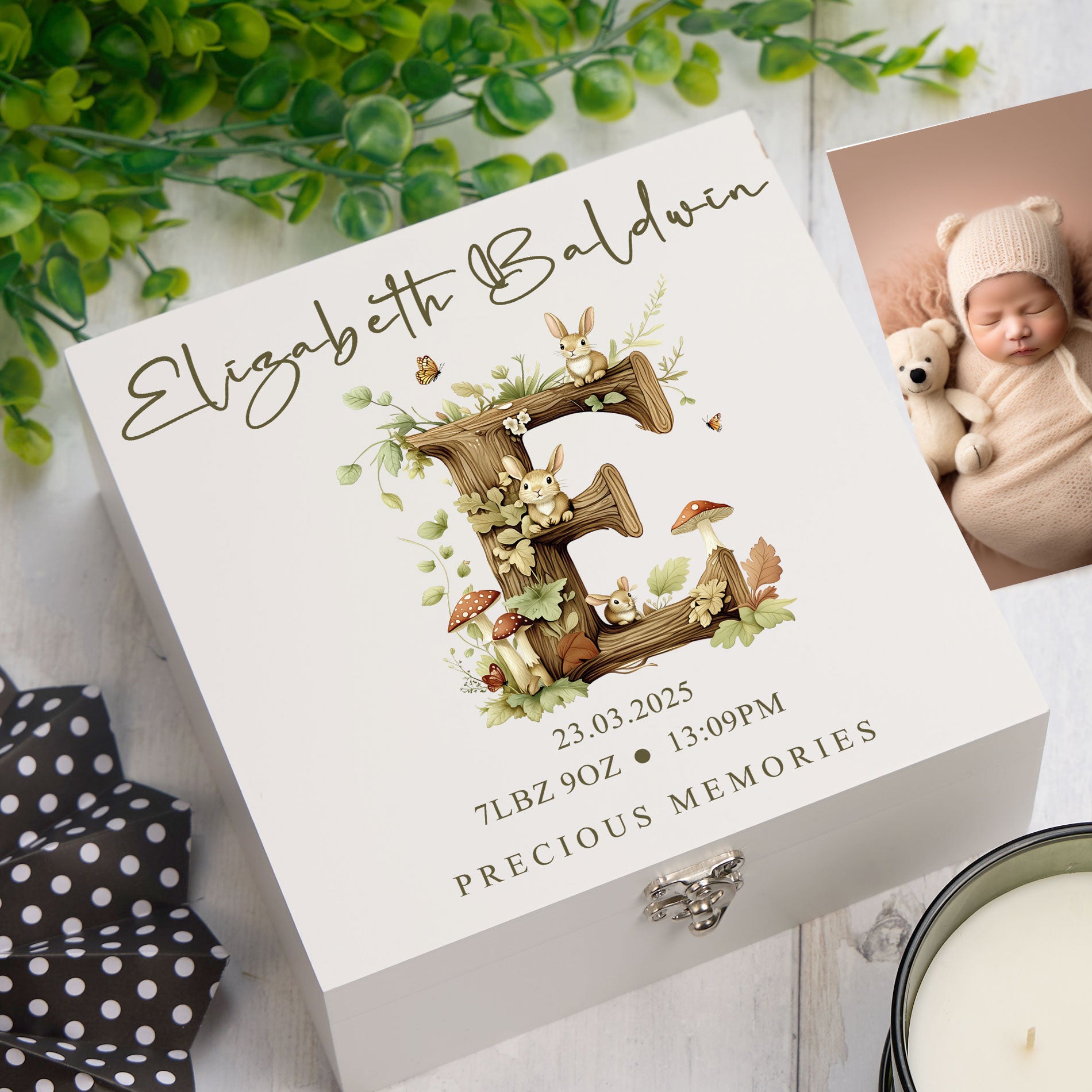 Personalised White Baby Memory Box, Woodland Alphabet Design, Special Baby Keepsake For Photos, Favourite Things and Mementos