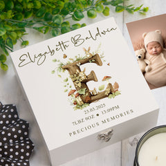 Personalised White Baby Memory Box, Woodland Alphabet Design, Special Baby Keepsake For Photos, Favourite Things and Mementos