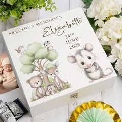 Personalised White Baby Memory Box, Woodland Animals, Special Baby Keepsake For Photos, Favourite Things and Mementos