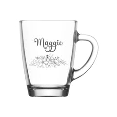 Personalised Engraved Glass Coffee Cup, Tea Cup, Any Name and Flowers