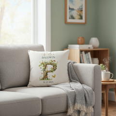 Personalised New Baby Cushion, Woodland Alphabet Design, Linen, Custom Pillow Nursery Keepsake Personalised Cushion Gifts ukgiftstoreonline