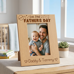 ukgiftstoreonline Personalised Our first Fathers Day Photo Frame Oak wood finish Portrait Father's Day Photo Frame ukgiftstoreonline