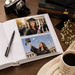 a graduation cap and gown, a camera, a mug of coffee, and a notebook on a wooden surface.