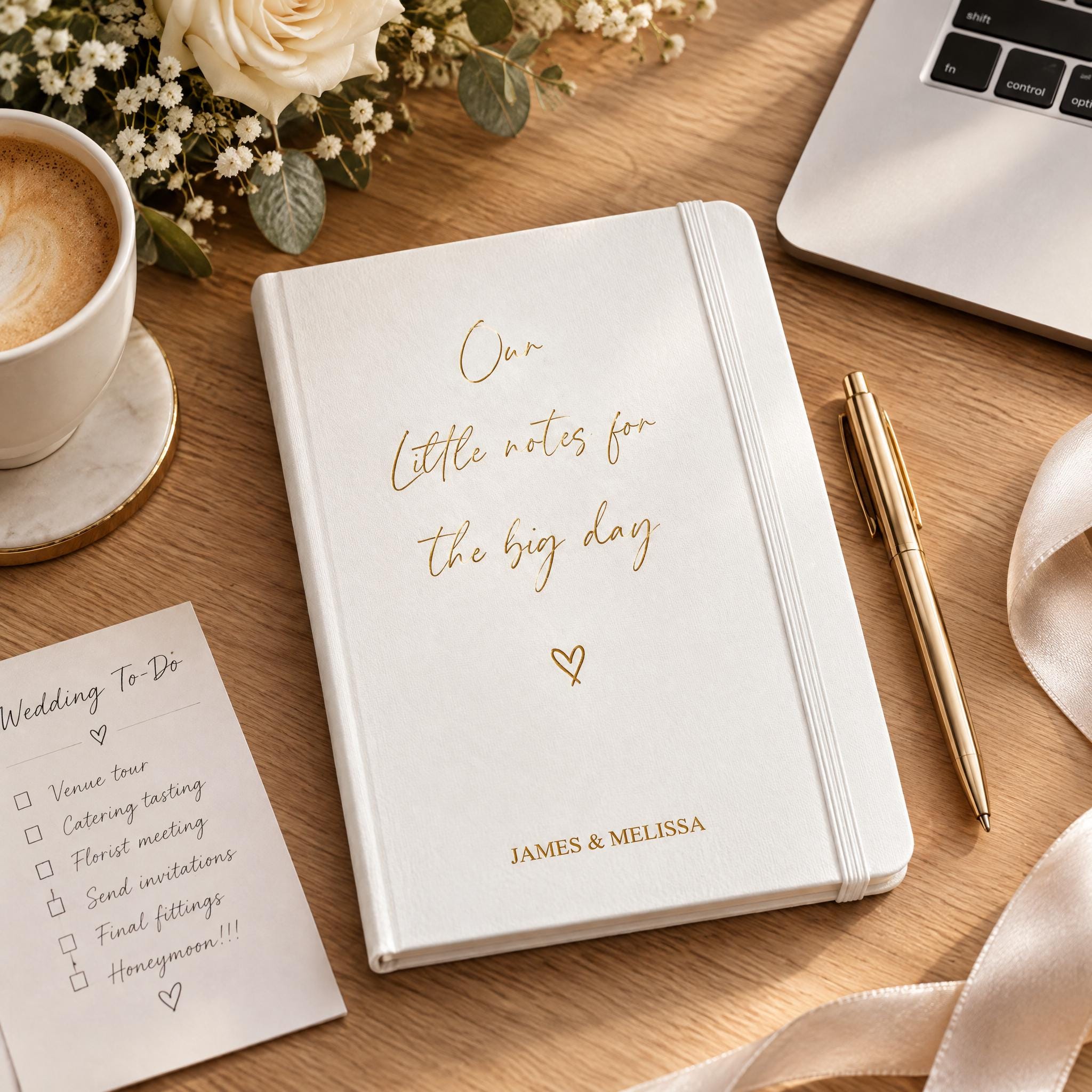 a white notebook with gold text, a pen, a cup of coffee, and a bouquet of flowers on a wooden surface.