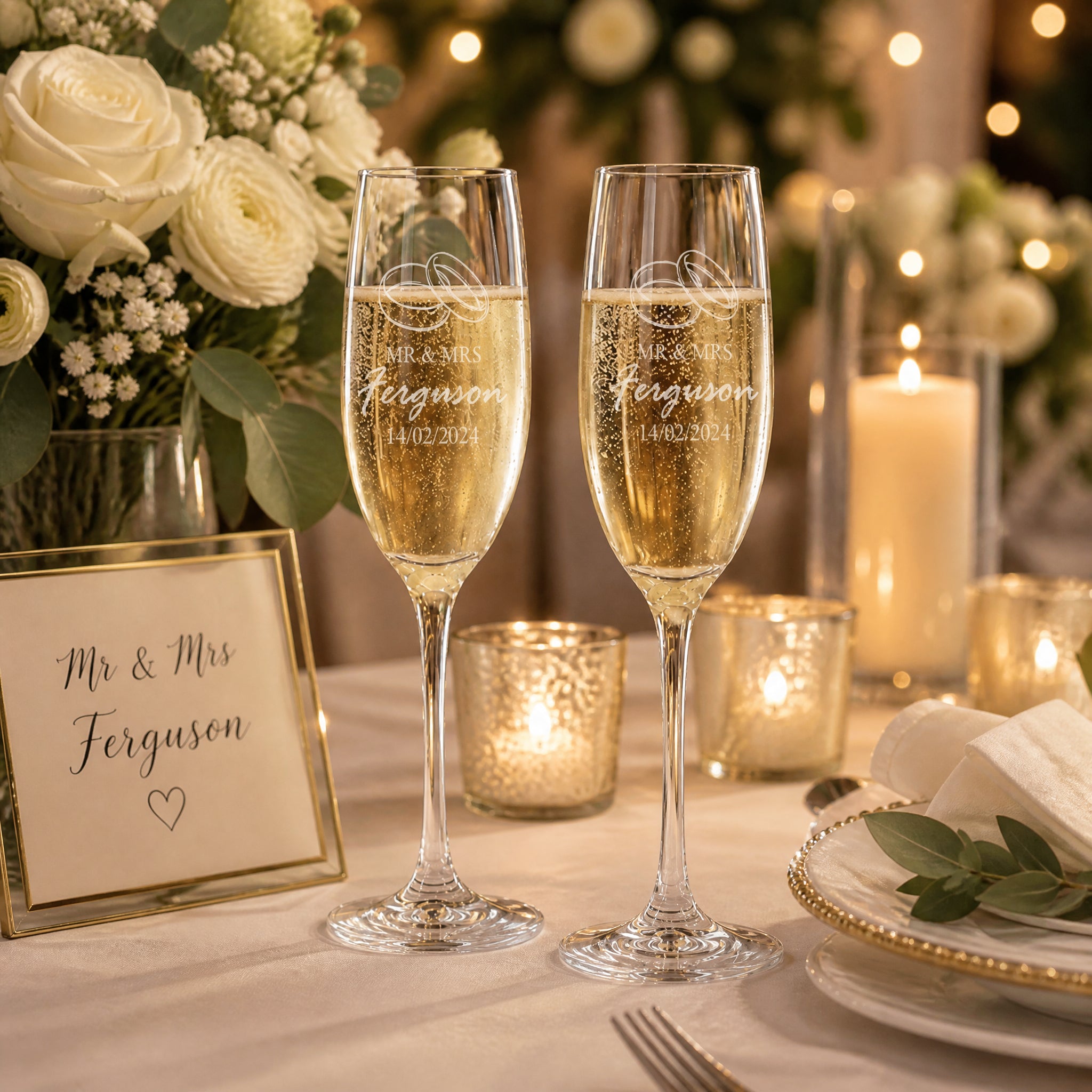 Personalised Engraved Wedding Champagne Glasses Set With Ring Emblem Personalised Champagne Glasses ukgiftstoreonline