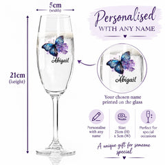 The image is a detailed illustration of a personalized glass with a butterfly design, along with measurements and a description of the features.