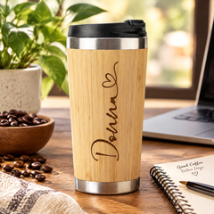 Personalised Bamboo Travel Mug, Insulated 420Ml, Heart Name Gift Personalised Mugs ukgiftstoreonline