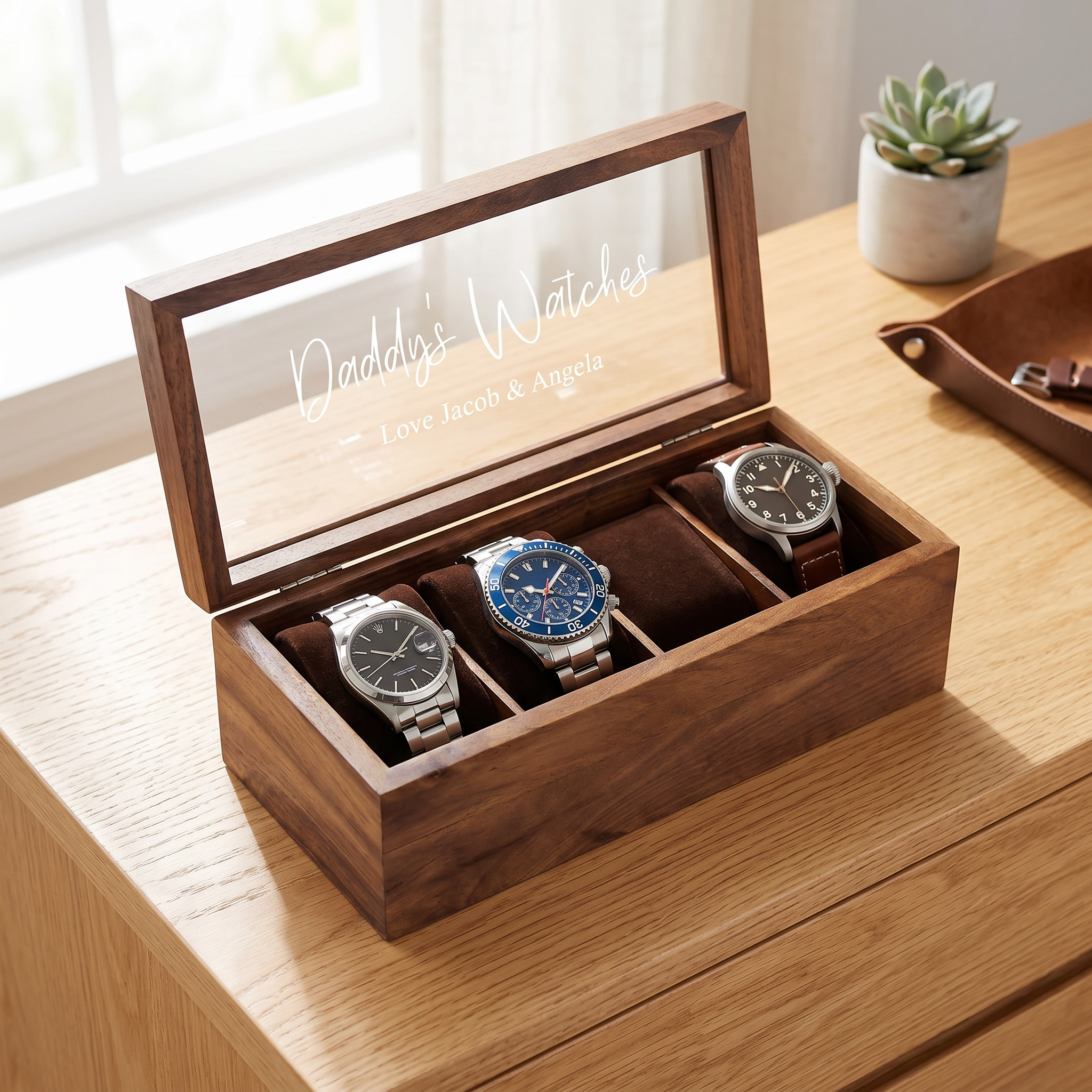 Personalised 4 Watches Solid Wood And Glass Watch Box Gift For Him watch box ukgiftstoreonline