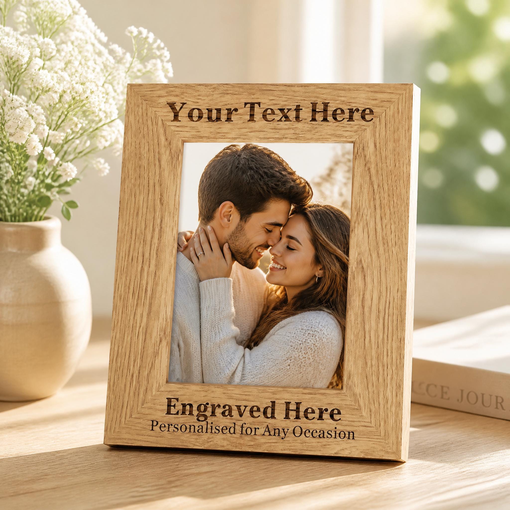 A wooden picture frame with a photo of a couple embracing, and the frame has text engraved on it.