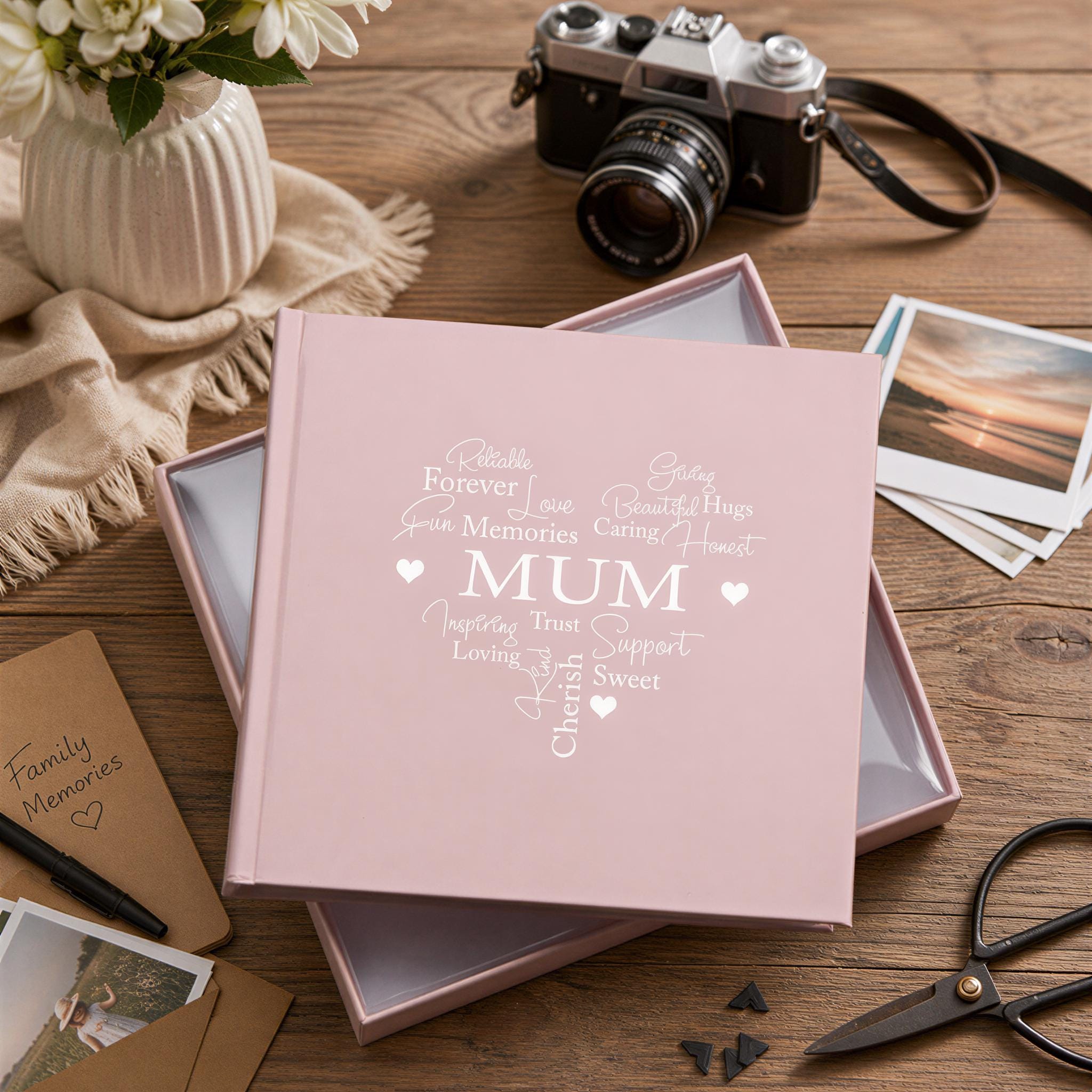 a pink photo album with the word "MUM" printed on it, surrounded by various items such as a camera, a vase with flowers, and some photographs.