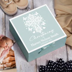 Personalised Christening Keepsake Box Gift For Boys and Girls With Butterfly Cross