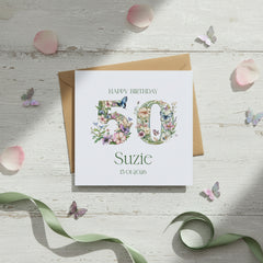 Personalised Luxury Linen 50th Birthday Card, Mum Daughter Auntie Niece Grandma Friend Floral Numbers Personalised Cards ukgiftstoreonline