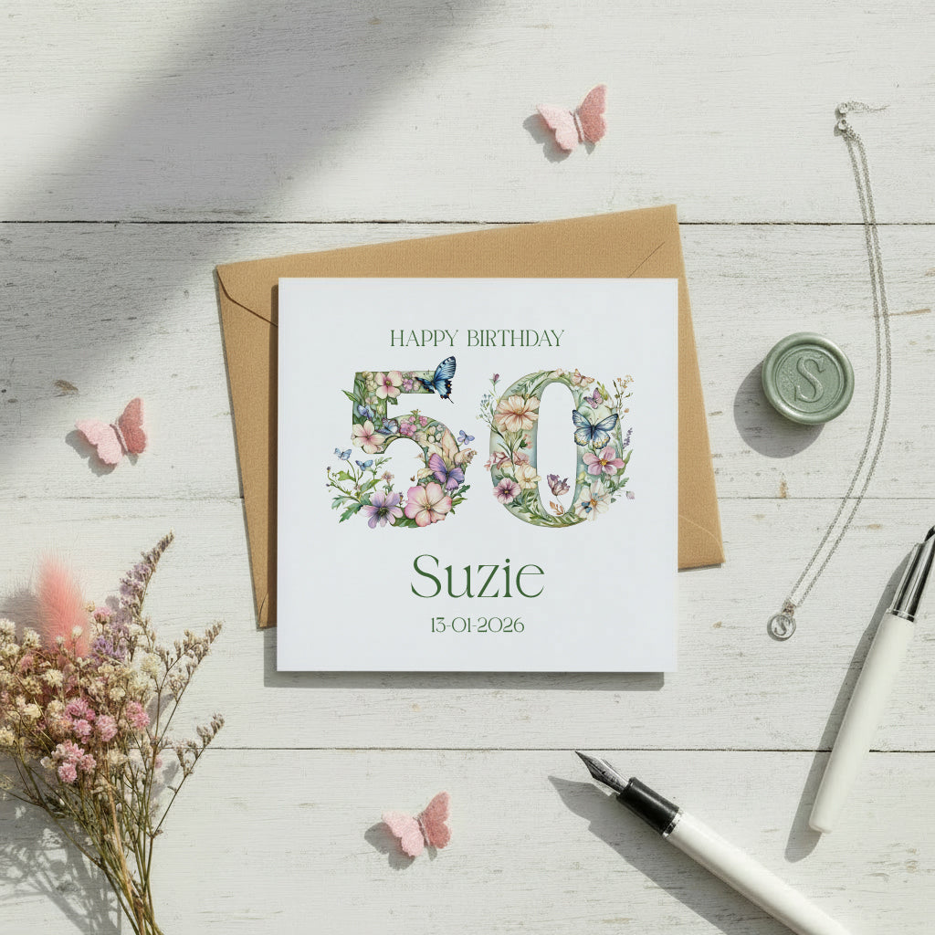 Personalised Luxury Linen 50th Birthday Card, Mum Daughter Auntie Niece Grandma Friend Floral Numbers Personalised Cards ukgiftstoreonline