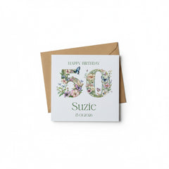 Personalised Luxury Linen 50th Birthday Card, Mum Daughter Auntie Niece Grandma Friend Floral Numbers Personalised Cards ukgiftstoreonline