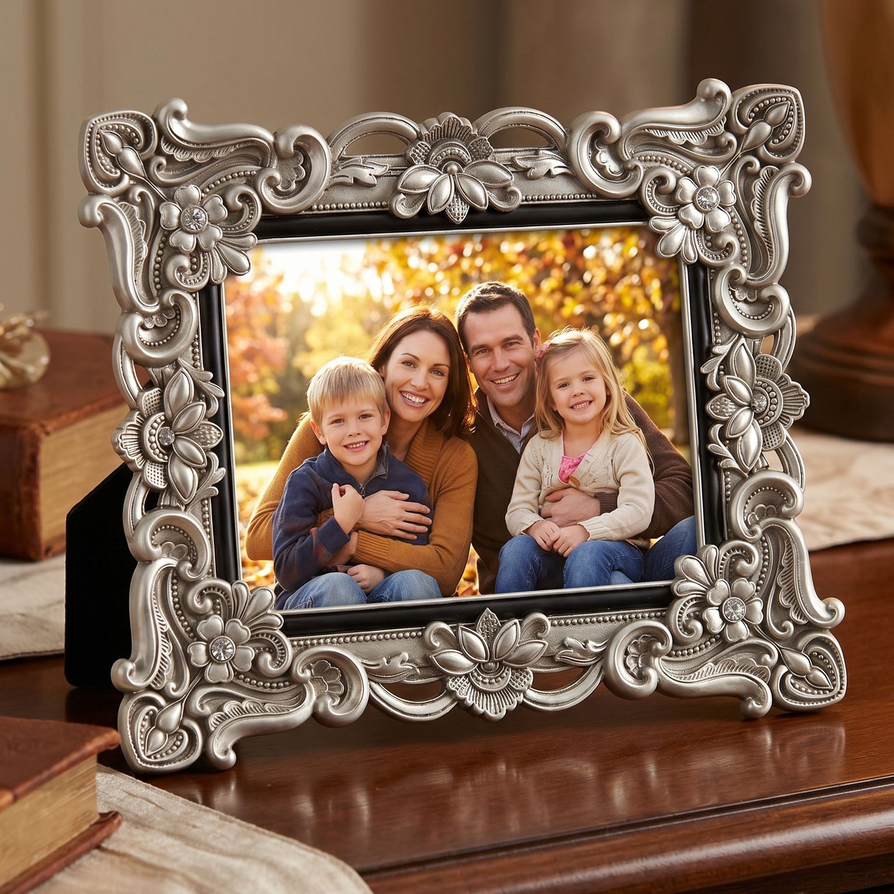 Vintage Style Antique Silver Floral Resin Frame With Crystals 4x6 photo frame ukgiftstoreonline