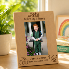 Personalised Nursery Photo Frame – First Day Nursery Gift With Oak Finish Photo Frame ukgiftstoreonline