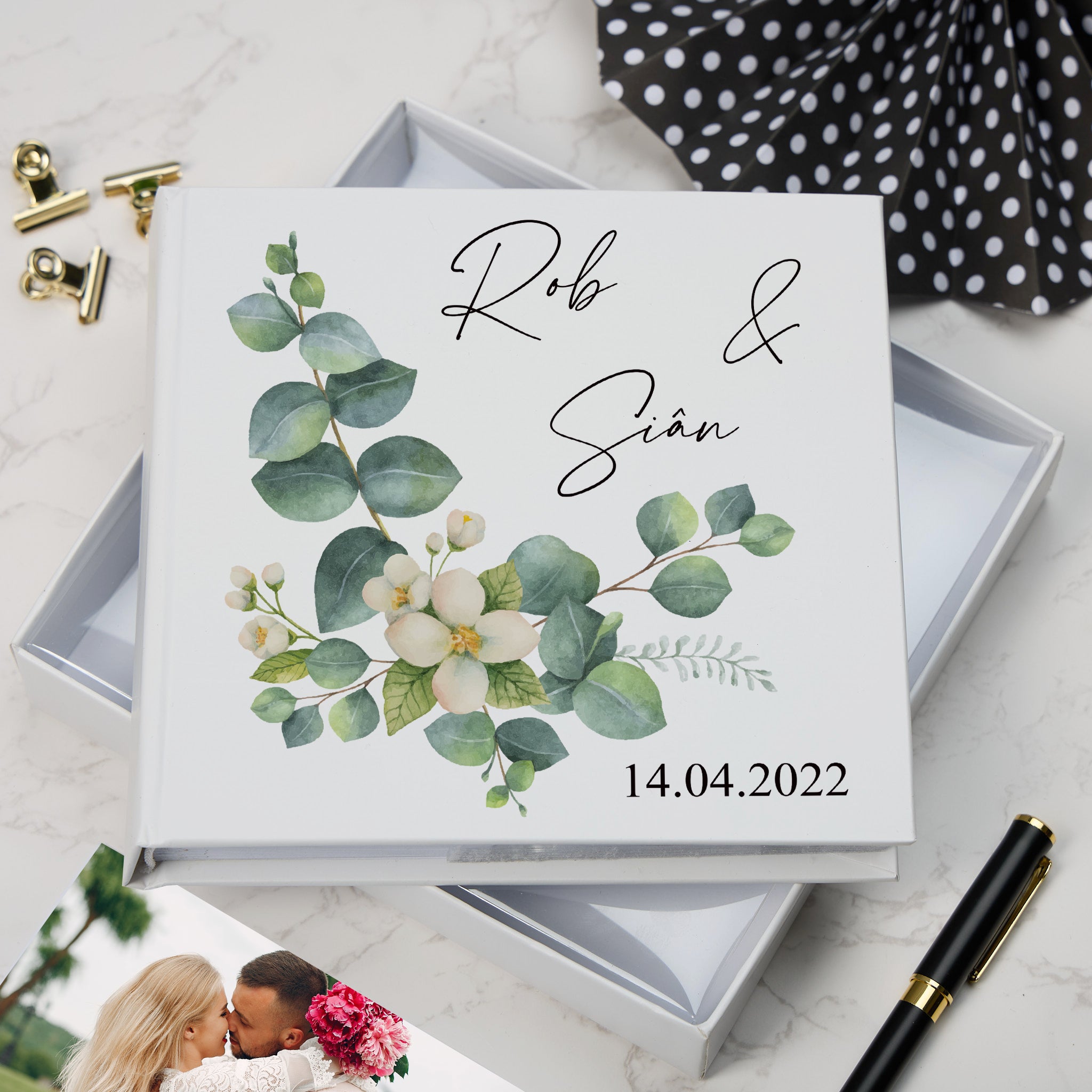Personalised Wedding Photo album with Eucalyptus Design wedding photo album ukgiftstoreonline