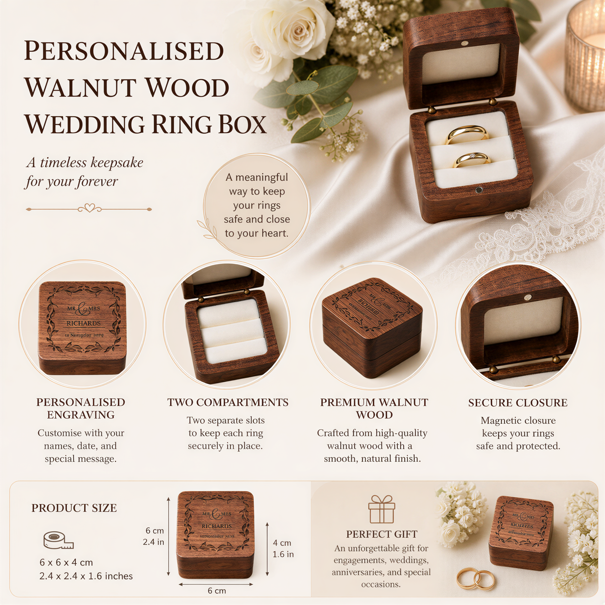 Personalised Wedding Ring Box Holder for 2 Rings With Border Ring Box Holder ukgiftstoreonline