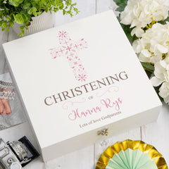 ukgiftstoreonline Personalised Christening Pink Ornate Cross Design Keepsake Memory Box Keepsake Memory Box ukgiftstoreonline Wood Box Large