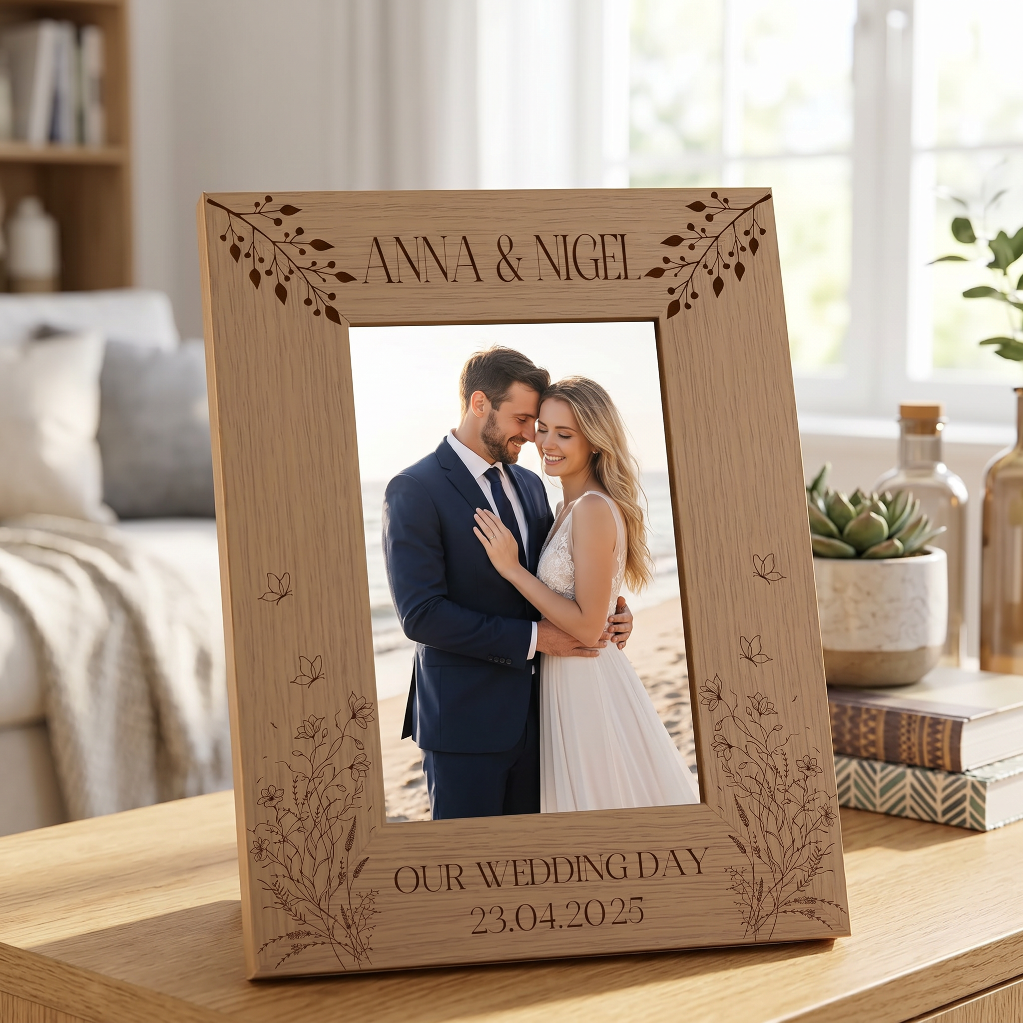 Personalised Wooden Engraved Photo Frames Wedding Any Message Multiple Sizes With Wildflowers Photo Frame ukgiftstoreonline 4 x 6 Inch Portrait