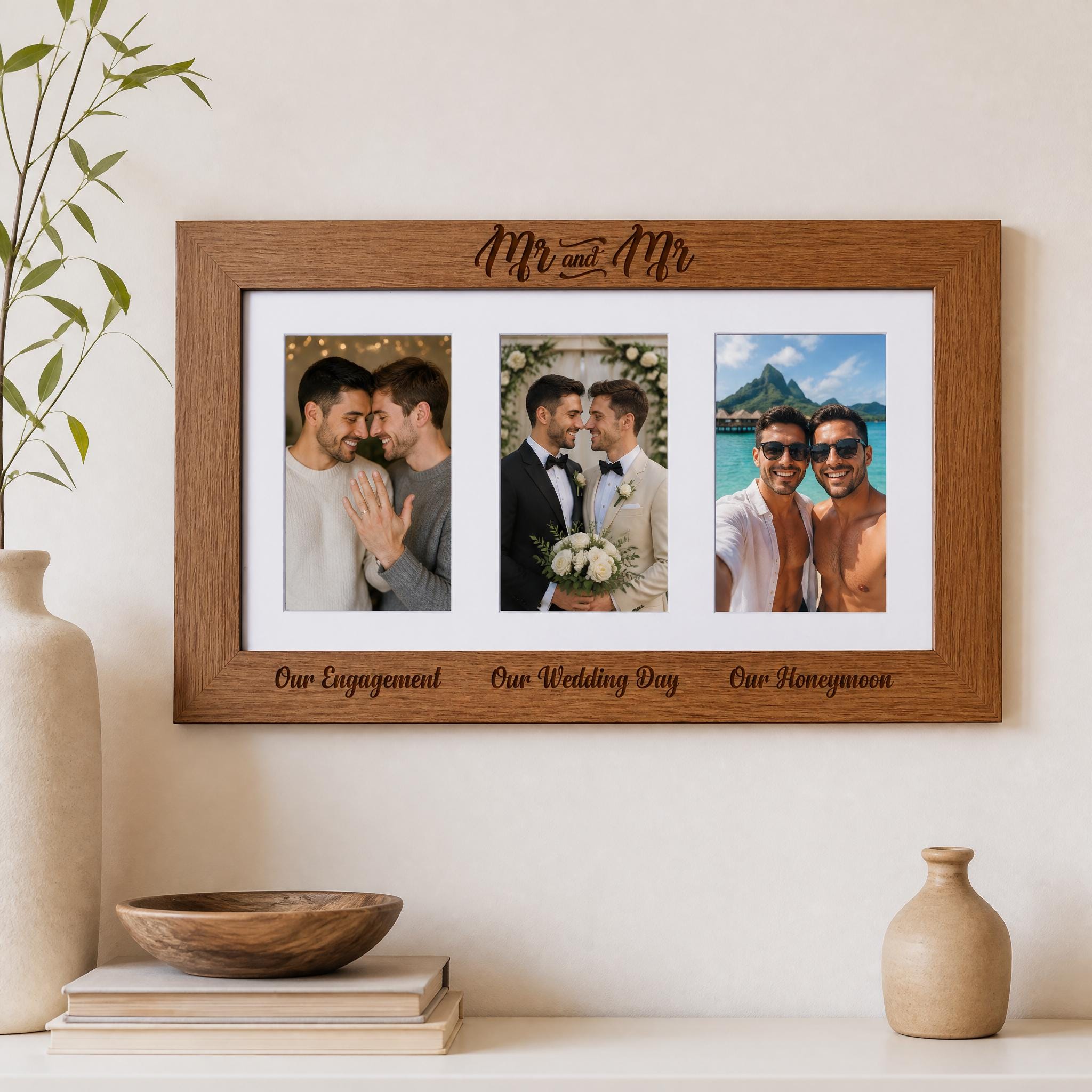 A wooden picture frame with three photographs of men, including a couple and two friends, is displayed on a shelf.