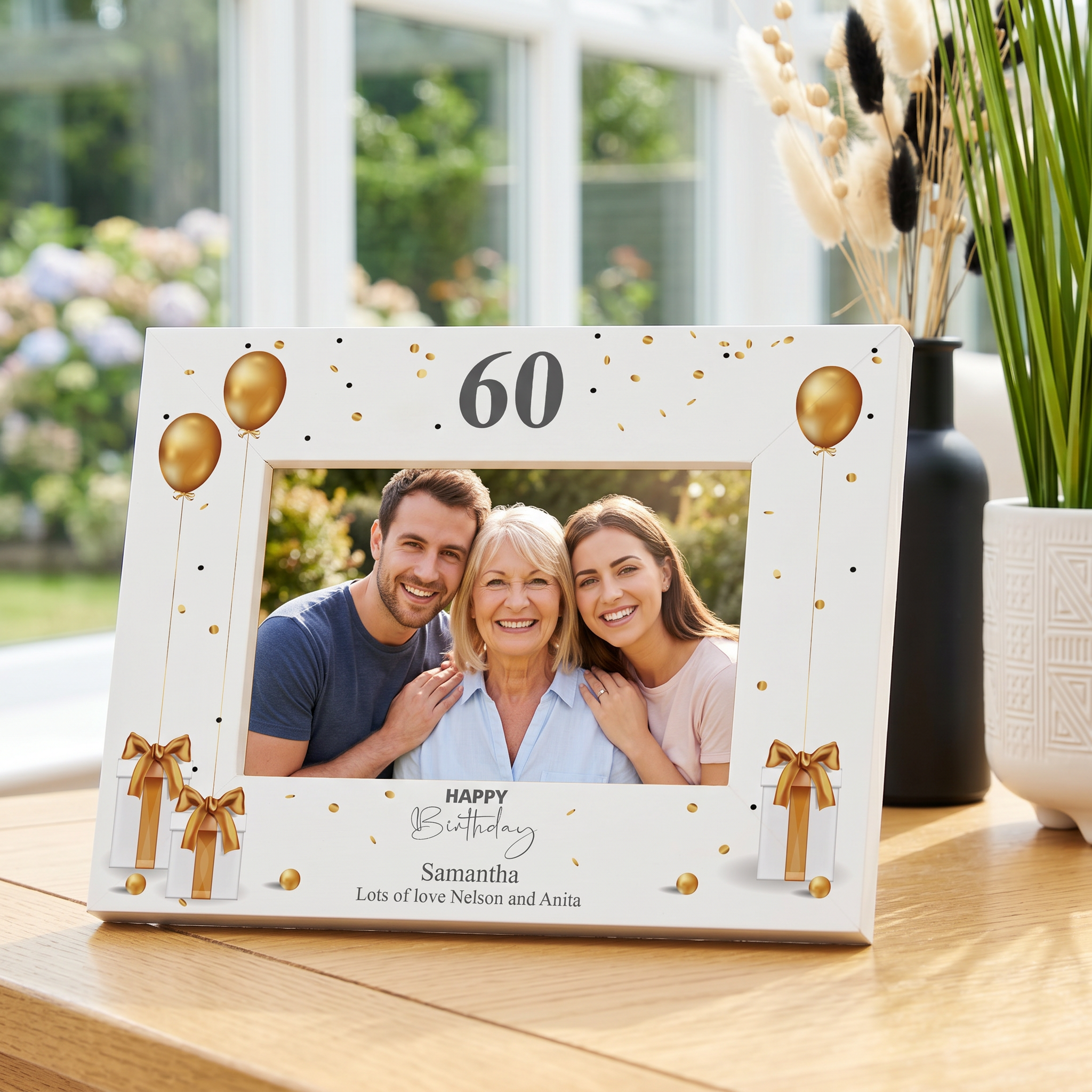Personalised 60th Birthday Photo Frame With Gold Balloons ukgiftstoreonline