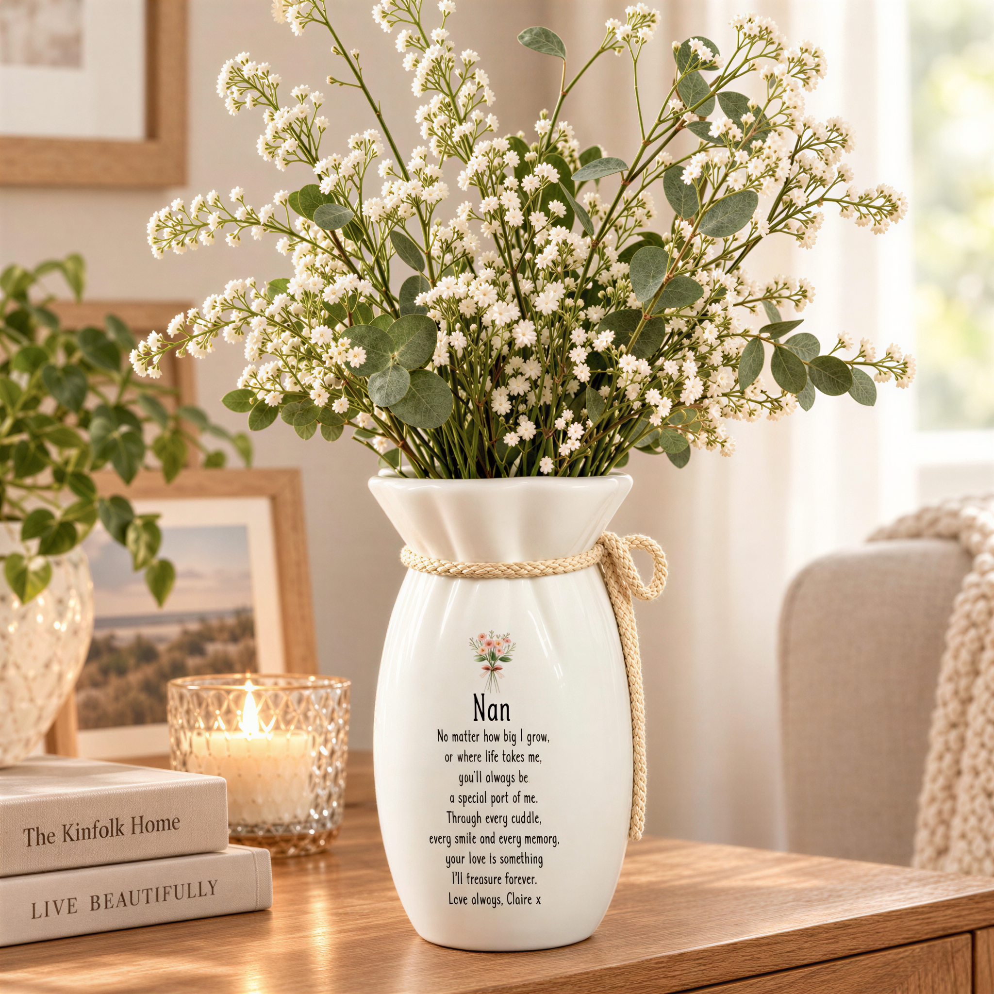 A white vase with a floral arrangement sits on a wooden table, accompanied by a candle, a book, and a framed picture.