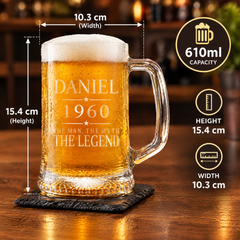Personalised Beer Tankard – Engraved Man Myth Legend Birthday Gift for Him 20oz Glass personalised beer glass tankard ukgiftstoreonline