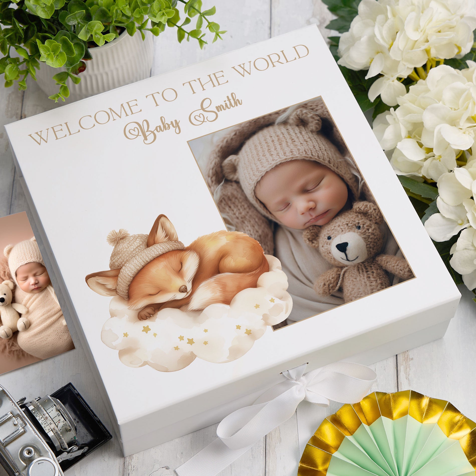 Personalised White Baby Memory Box, Cute Sleeping Animal Design, Keepsake For Special and Favourite Mementos
